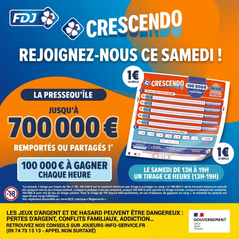 Affiche du jeu FDJ Crescendo à La Pressequ'île Claouey proposant un tirage par heure le samedi.
