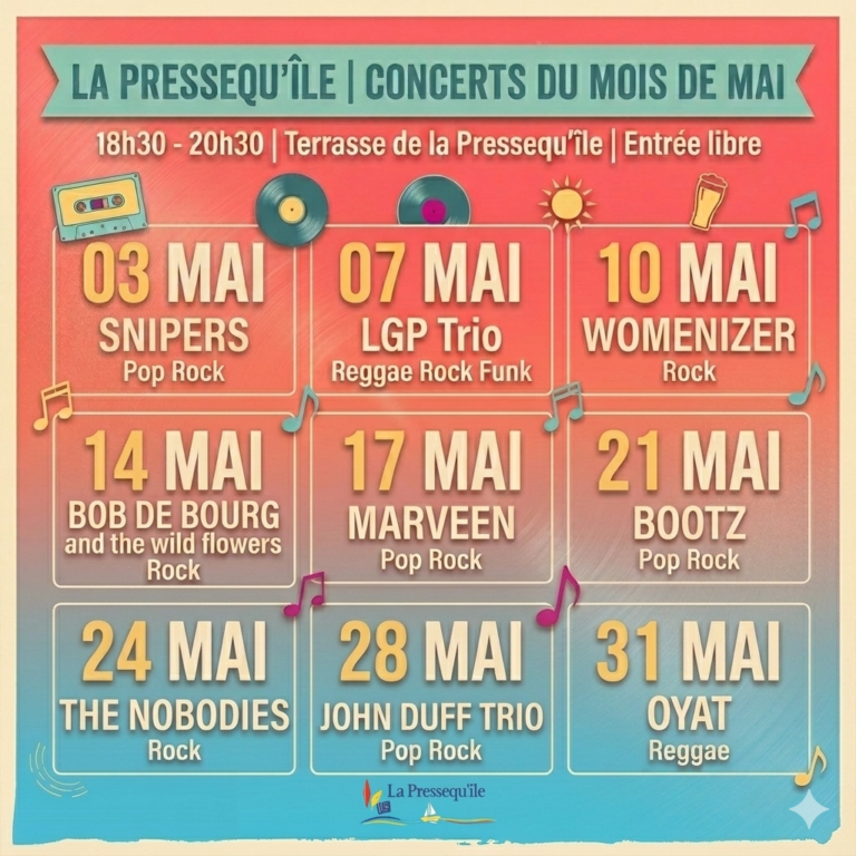 Affiche des concerts de mai à La Pressequ'île Claouey avec Sniper, LGP Trio, Womenizer, Bootz