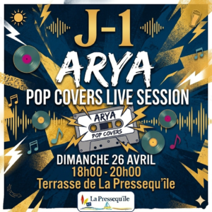 Affiche de rappel concert Arya Pop Covers ce dimanche à Claouey, terrasse de La Pressequ'île.