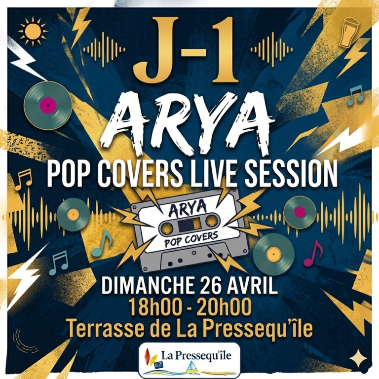Affiche de rappel concert Arya Pop Covers ce dimanche à Claouey, terrasse de La Pressequ'île.