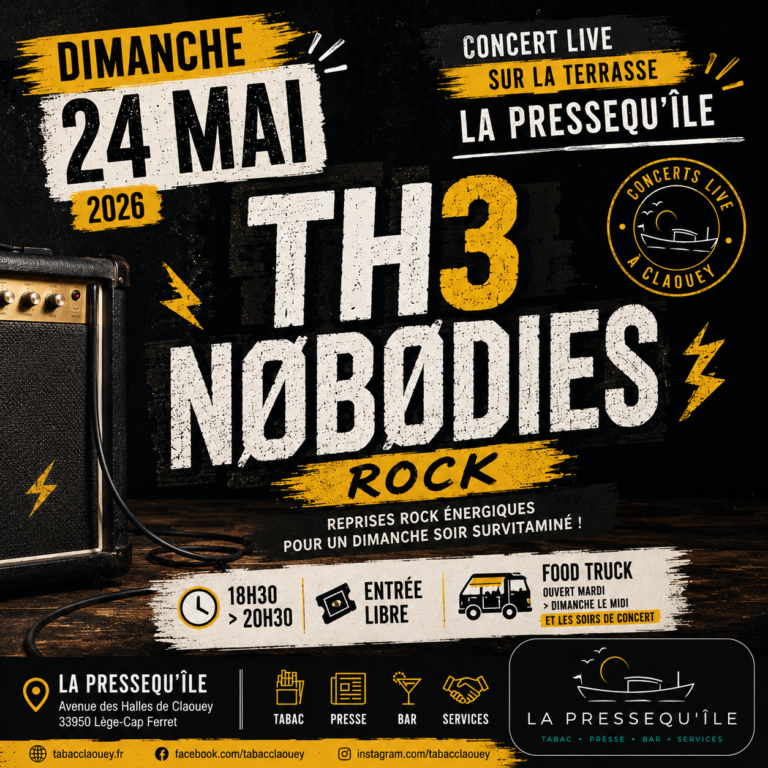 Affiche concert TH3 NØBØDIES à La Pressequ’île à Claouey le 24 mai 2026