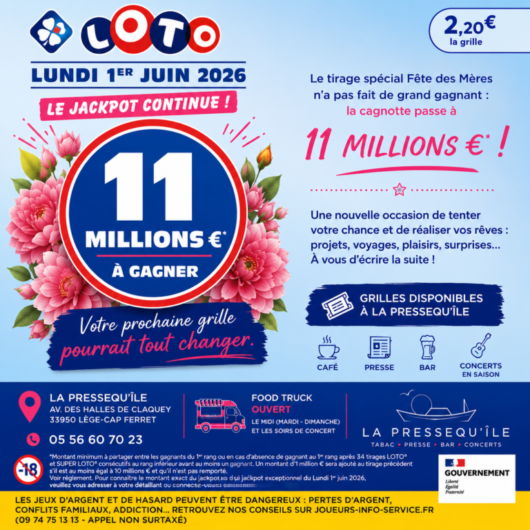 Loto 11 Millions d’Euros à gagner le 1er juin 2026 à Claouey