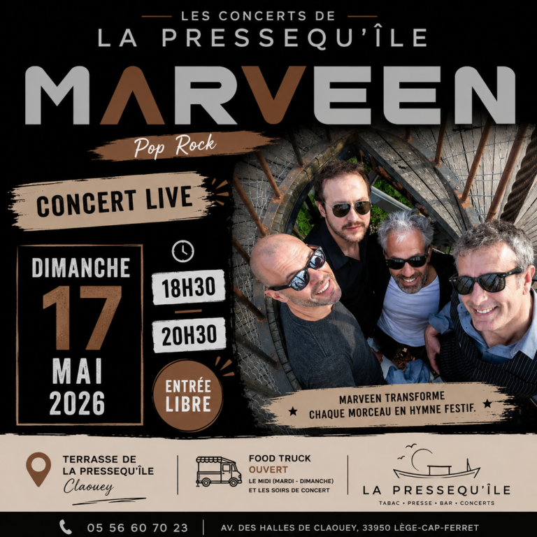 Marveen en concert à Claouey : Pop Rock live à La Pressequ’île dimanche 17 mai 2026