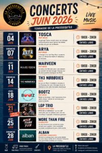 Affiche des concerts de juin 2026 sur la Terrasse de La Pressequ’île à Claouey