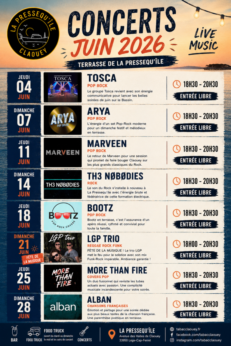 Affiche des concerts de juin 2026 sur la Terrasse de La Pressequ’île à Claouey