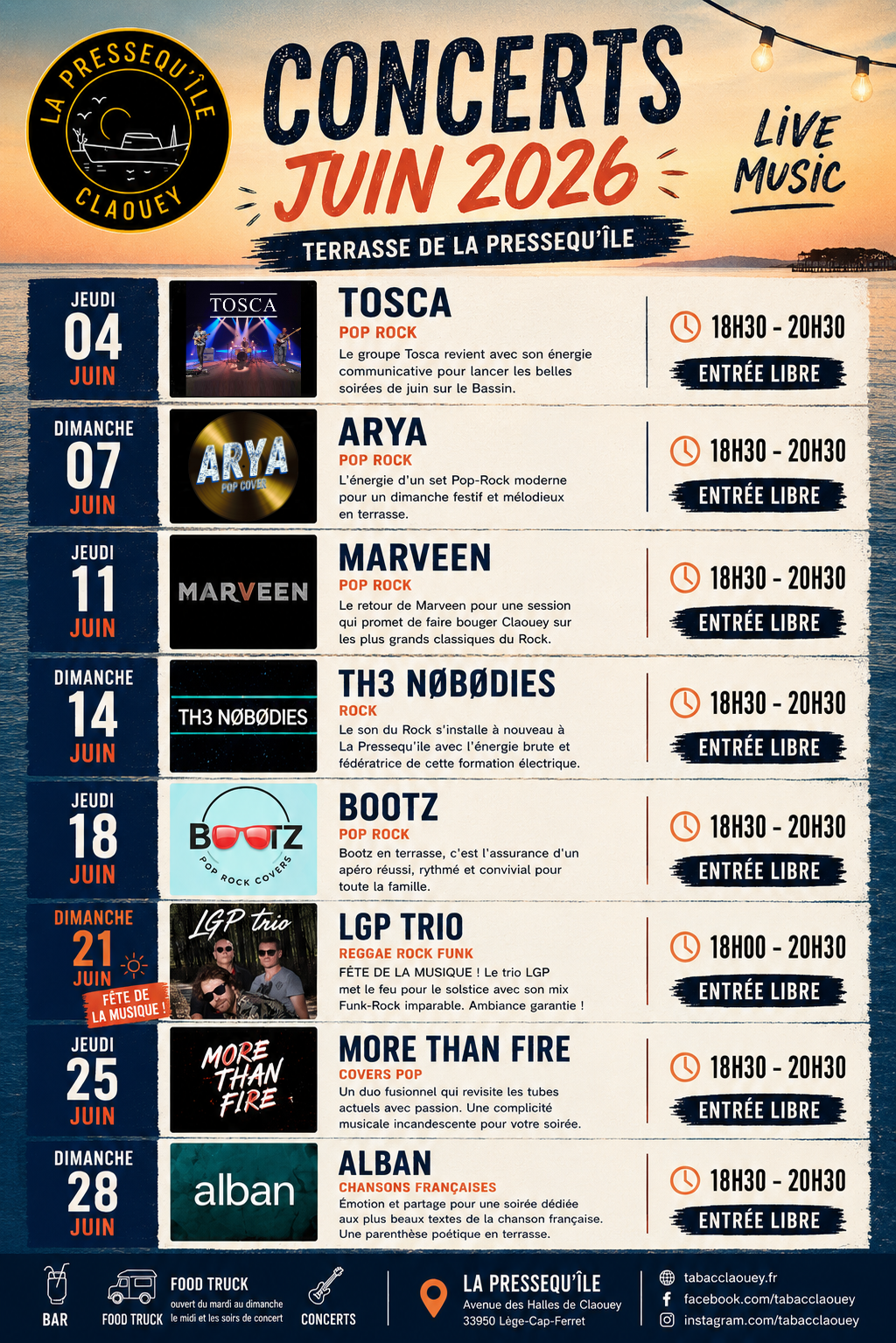 Affiche des concerts de juin 2026 sur la Terrasse de La Pressequ’île à Claouey