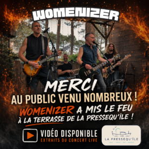 Concert live Womenizer à La Pressequ'île, Claouey. Ambiance rock sur la terrasse en mai 2026.