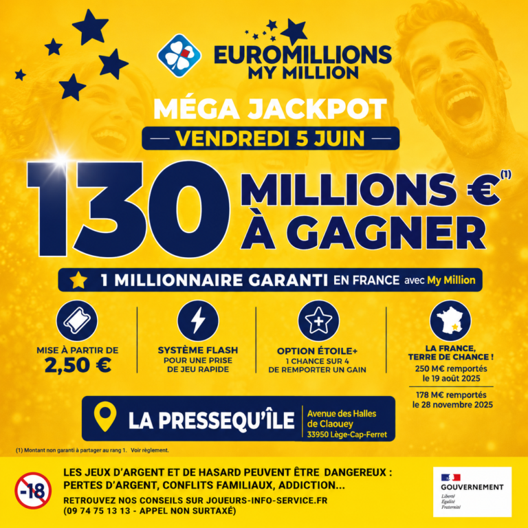 Affiche EuroMillions Méga Jackpot 130 millions d’euros FDJ à La Pressequ’île
