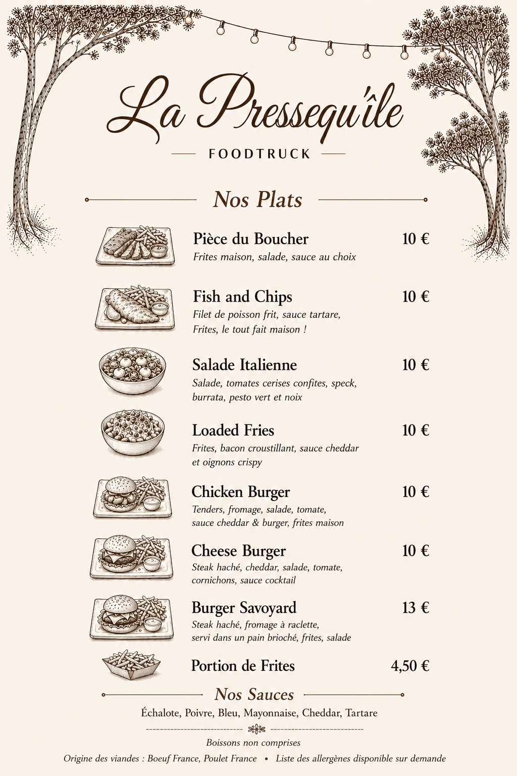 Menu du foodtruck La Pressequ'île proposant divers plats (burgers, salades, frites) entre 10 € et 13 €